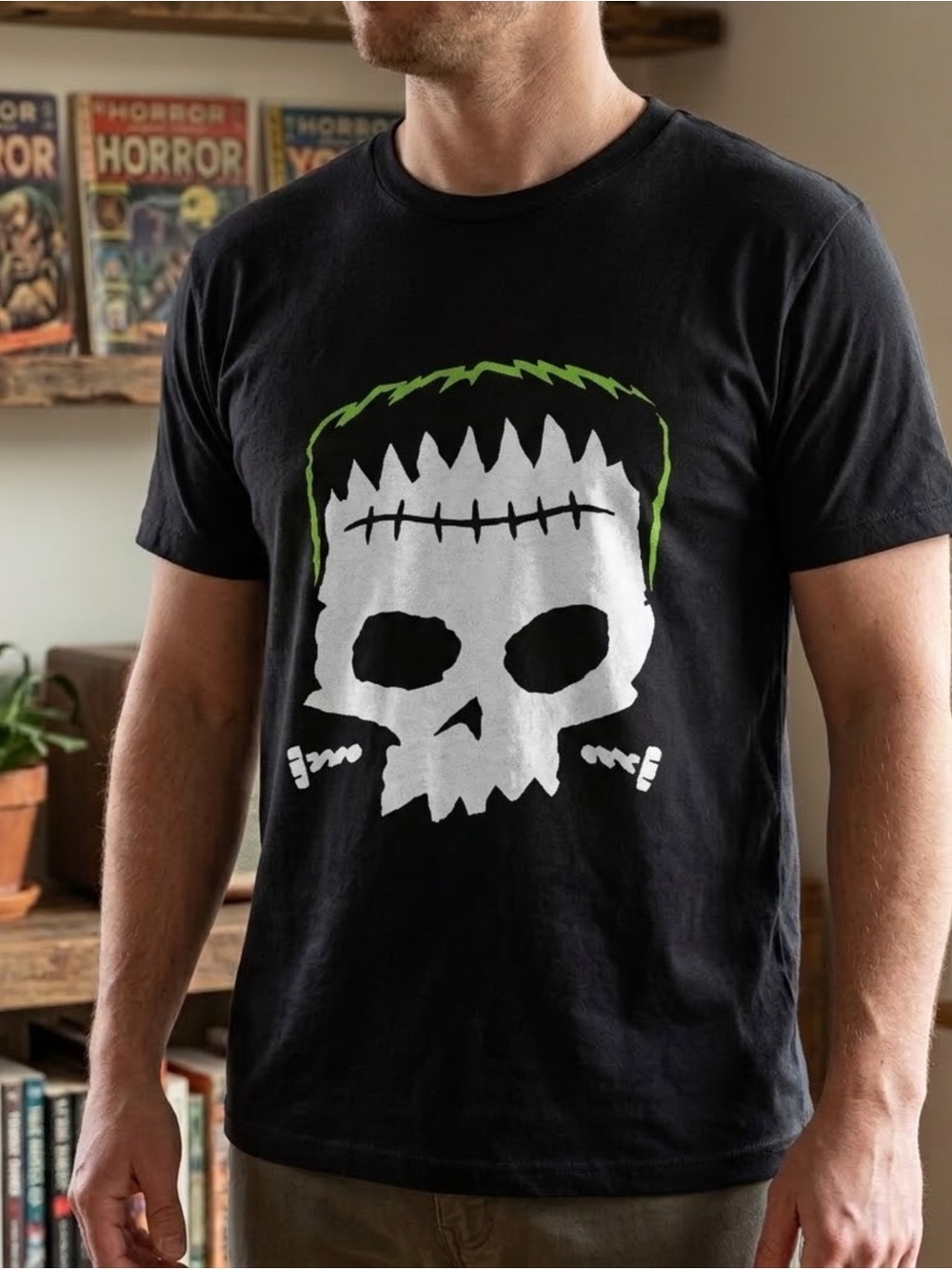 Frankenstein Skull Black Halloween Gildan T-Shirt